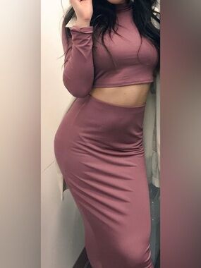 Fashion Nova Dusty Rose Long Sleeve Two-Piece Midi Dress